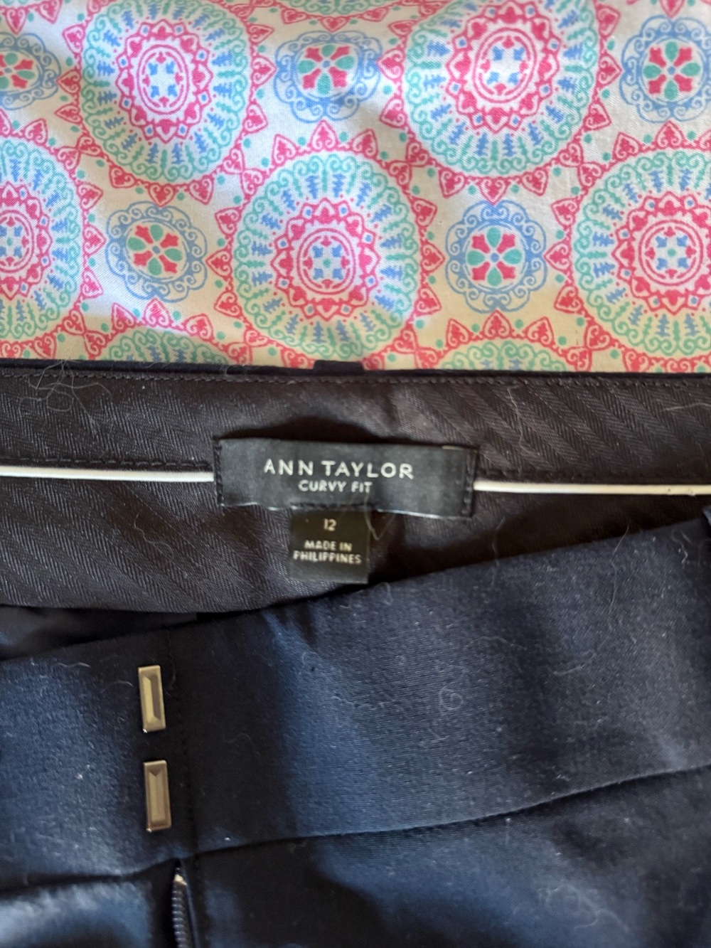 Ann Taylor Curvy Fit Navy Slacks with Metal Hook Detail